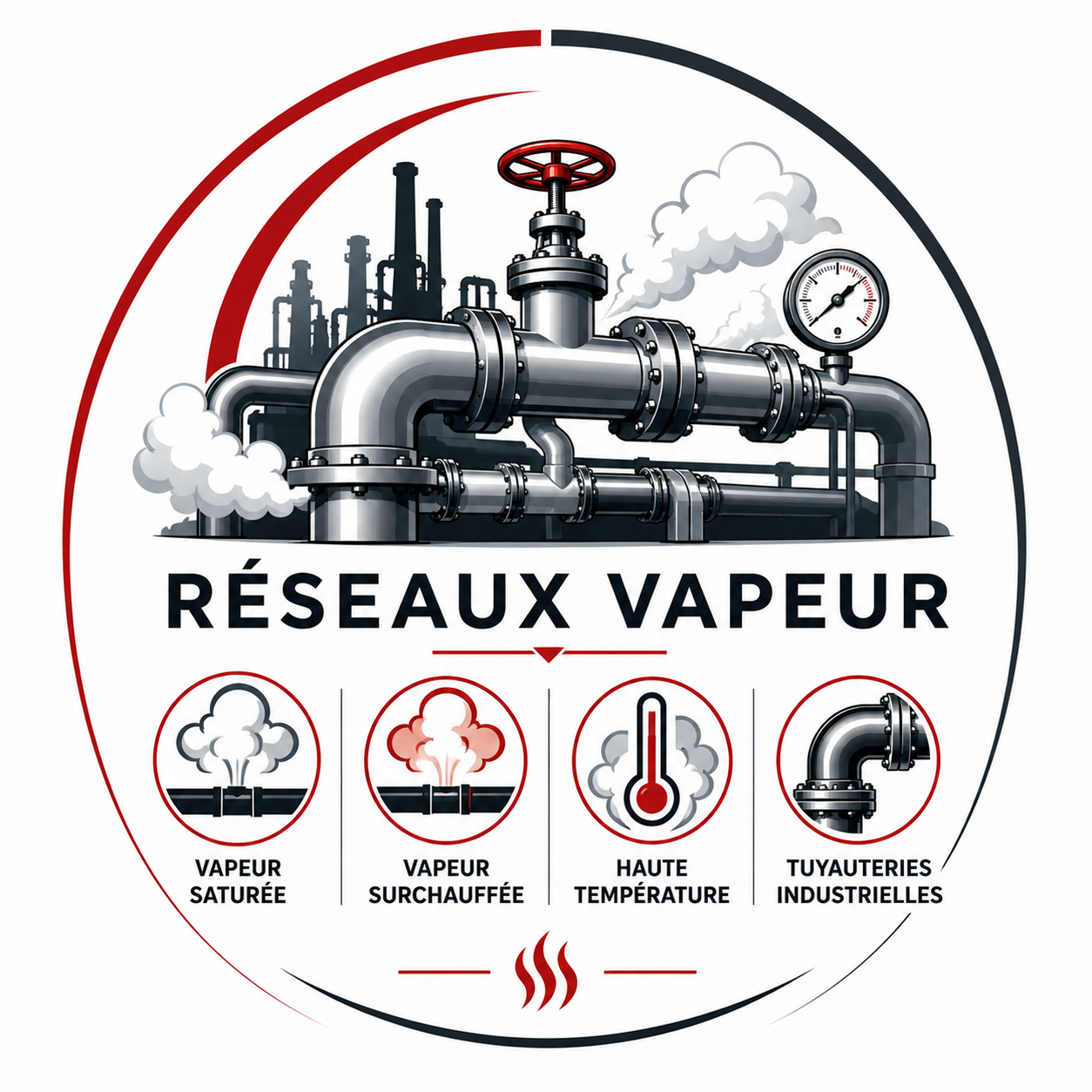 réseaux vapeur industriels représentant des tuyauteries industrielles, vapeur saturée et vapeur surchauffée pour installations thermiques à Perpignan.