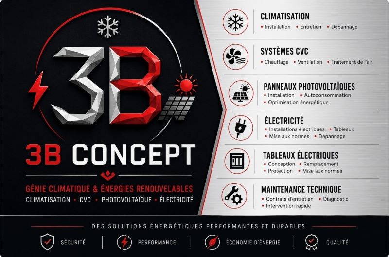 3BCONCEPT propose des solutions en CVC, électricité, climatisation, photovoltaïque et maintenance technique pour optimiser vos installations